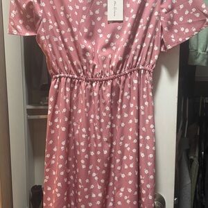 Mauve Pink Floral Elastic Waist Short Sleeve Dress